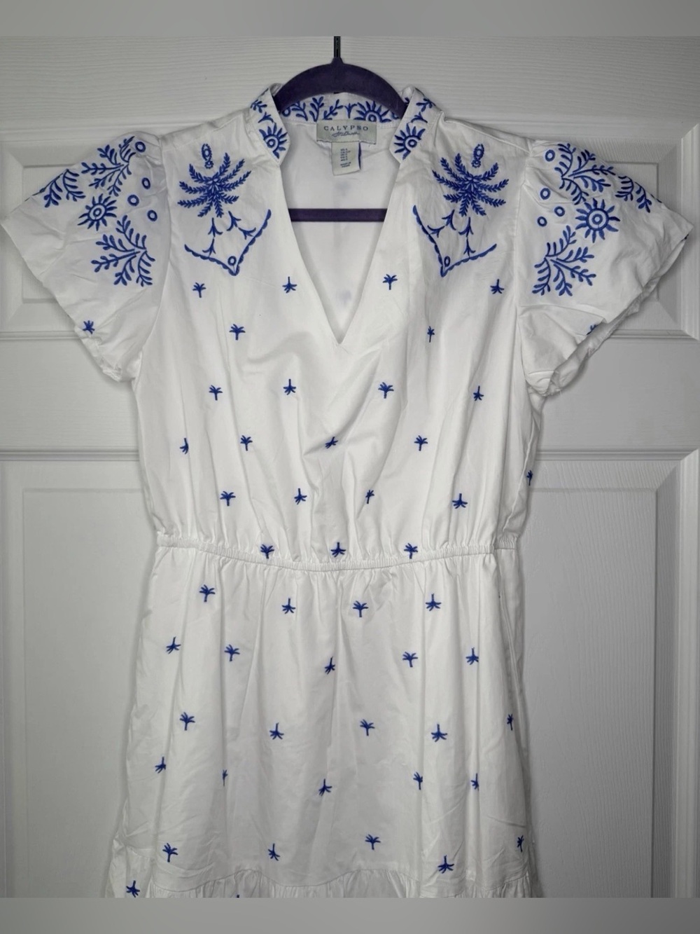 CALYPSO ST BARTH BLUE AND WHITE EMBROIDERY V-NECK MAXI DRESS M NWT - Picture 11 of 15